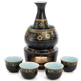 Foraineam Ceramic Sake Set with Warmer Pot, Japanese Style Porcelain Pottery Hot Cold Saki Drink Bottle Stovetop Set, 7 Pieces Set with 1 Candle Stove, 1 Warming Bowl, 1 Sake Bottle, 4 Sake Cups