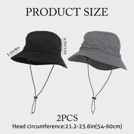 2Pcs Bucket Hats, Bucket Cap Wide Brim Sun Hat, Packable Buckets Hat with String, Foldable Beach Fishing Cap, Walking Hiking Boonie Hats, for Hunting, Camping, Hiking, Travelling, Fishing(Black,Gray)