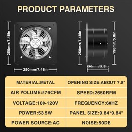 FanGoFast 8 inch Exhaust Fan, Kitchen Exhaust Fan for Wall, Potable Window Exhaust Fans, 576CFM Wall mounted Bathroom Fan with Check Valve for Kitchen, Workshop, Basement (Black)