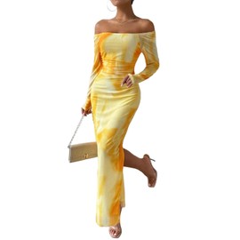 LIGHT DOT Women's Printed Off Shoulder Dress Long Sleeve Bodycon Maxi Mesh Layered Side Slit (Yellow,S)