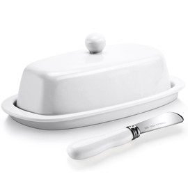 Yedio Ceramic Butter Dish with Lid and Knife for Countertop Refrigerator, 8 Inch White Butter Holder with Porcelain Cover Knob Handle for East West Coast Butter Stick
