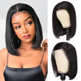 FAVE Bob Wig Human Hair 13x4 Frontal Lace Wig 180% Density Bob Glueless Wigs Human Hair Pre Plucked with Baby Hair 12 Inch Natural Black Short Human Hair Wigs For Black Women(1B)