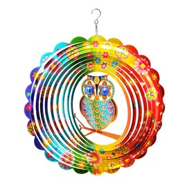 FONMY Wind Spinner Mandala Owl 12 inch 3D Stainless Steel Laser Cut Metal Art Geometric Pattern Hanging Wind Spinner, Kinetic Yard Art Decorations - Indoor/Outdoor Décor