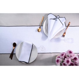 D'Moksha Homes White Table Runner with Black Embroidered Trim 14 x 120 Inch - 100% Pure Linen Table Runner 120 inches Long - Farmhouse Dining Table Runner for Winter, Easy Care Machine Washable