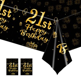 2pcs Black Gold 21st Table Cloth,Happy 21st Birthday Tablecloth for Boys,Girls,Men 21st Birthday Table Decoration,137 * 274cm Plastic Tablecloths Table Cover 21st Birthday Decorations for Him Her