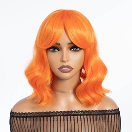 NOBLE Short Blue Wig with Bangs for Women Bob Wavy Synthetic Wigs with Natural Shoulder Length Curly Heat Resistant Hair for Daily Party Use.