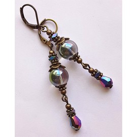 "Handmade" COLORIZED RAINBOW CRYSTAL & Hematite earring BRONZE LEVERBACK handcrafted XCBA