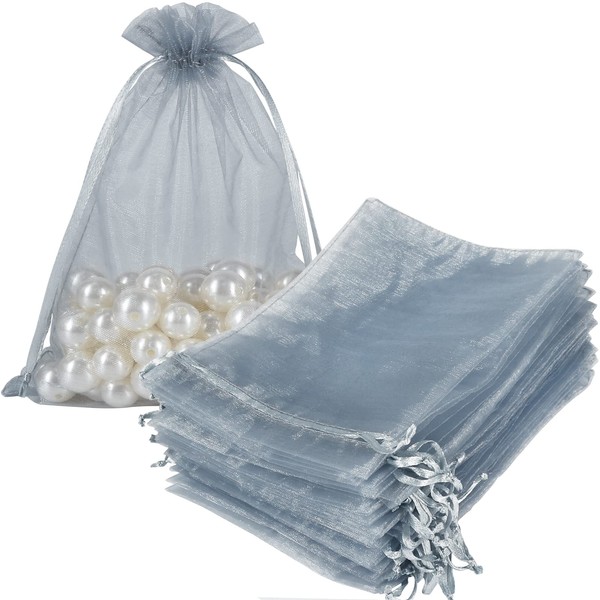 HRX Package 100pcs Organza Bags Silver Gray, 5x7 inch Mesh Drawstring Gift Bags Jewelry Pouches for Christmas Candy Party Favor
