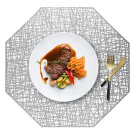 DRWSSR New European Light Luxury Octagonal Hollow Placemats Set of 6 Heat Insulation, Washable Vinyl Desk Mats Insulation Flexible Durable Non-Slip Coasters for Dining Table Kitchen Decor (Silver)