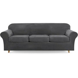 Lamberia High Stretch Sofa Cover for 3 Cushion Couch 4 Pieces Thick &Washable Plush Velvet Sofa Slipcover Couch Cover Furniture Protector for Dogs,Pets&Kids(Sofa-XL,Grey)