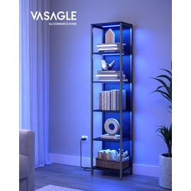 VASAGLE 6-Tier LED Bookshelf, Display Shelf with Dimmable Lights, LED Bookcase with Steel Frame, 11.9 x 15.7 x 70.3 Inches, for Living Room, Bedroom, Office, Black with Wood Grain ULLS121B56