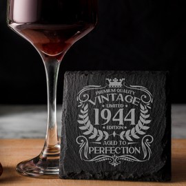 80th Birthday Gift for Men Vintage 1944 Aged to Perfection Engraved Slate Coaster Present for 80 Year Old Etched Natural Slate Placemat (Square Slate)