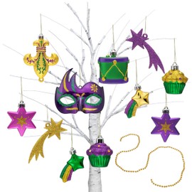Valery Madelyn 12Pcs Mardi Gras Tree Decorations Gift Pack, Mardi Gras Ornaments Craft Painted Mask Gralnd Beads, Purple Green Gold Shatterproof Hanging New Orleans Masquerade Carnival Party Decor