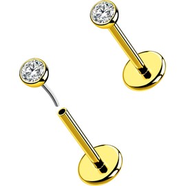 OUFER 2Pcs Nose Rings Studs, 20G G23 Solid Titanium Threadless Nose Earrings Flat Back Small CZ 2.5MM Gold Nose Rings for Women Men-6MM