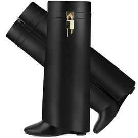 CDHYX Fold Over Boots for Women Pointy Pull-on Wedge Heel Knee Shark Boot With Side Zipper Padlock Design (Black 7)