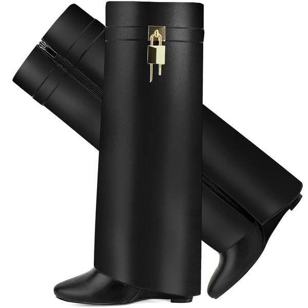 CDHYX Fold Over Boots for Women Pointy Pull-on Wedge Heel