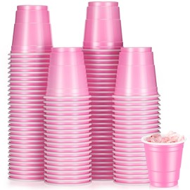 Roshtia 100 Pack 2oz Plastic Shot Cups, Mini Disposable Shot Glasses 2oz Small Plastic Cups for Wedding, Graduation Party, Beer Taste Serving, Snacks Samples and Tastings (Pink)