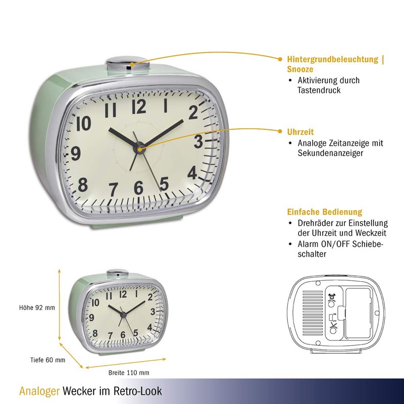 TFA Dostmann 60.1032.04 Electronic Alarm Clock Retro Look Large Analogue