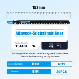 MUOZLOP 20 pieces T344DF jigsaw blades, T-shank jigsaw blade set with storage case for wood, saw blades, jigsaw accessories (20 pieces T344DF)