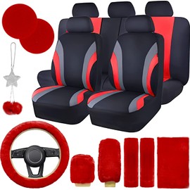 JINGSEN 17 Car Seat Cover Full Set for Women,Universal Car Seat Cover,Plush Steering Wheel Cover,Fluffy Soft Wool Handbrake Gear,Suspension Accessories Full SUV(Red)