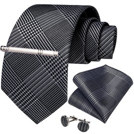 DiBanGu Men's Necktie, Handkerchief, Cufflinks, Tie Pin Set, Formal, Entrance Ceremony, Business, Wedding, black and white stripe, Free size