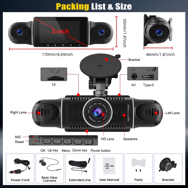 CAMECHO 4 Channel Dash Cam Car, 360° Rotatable Front Rear