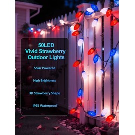 L LAMPOP 4th of July Decorations C7 Bulb Solar String Lights Outdoor Waterproof 50 LED Red White Blue Solar Lights for Independence Day President Memorial Day Christmas Party Patriotic Decorations
