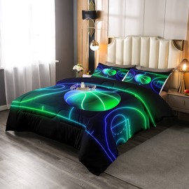 Basketball Comforter Set Twin,Sports Games Bedding Set 2Pcs for Kids Teens Boys Room Decor,Green Blue Neon Geometric Lines Basketball Court Pattern Duvet Insert with 1 Pillowcase, Black