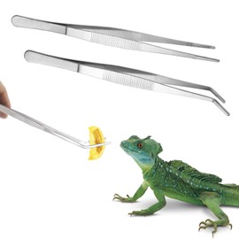 Fogcosy 2 Pieces Reptile Feeding Tongs, Stainless Steel Reptile Accessories, Geckos and Snakes Aquarium Straight and Curved Long Tweezer Terrarium Feeder Tool for Tank (Silver, 10.6 Inch)