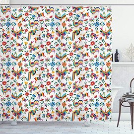 Ambesonne Mexican Shower Curtain, Traditional Latin American Art Design with Natural Inspirations Flowers and Birds, Cloth Fabric Bathroom Decor Set with Hooks, 75" Long, White Blue