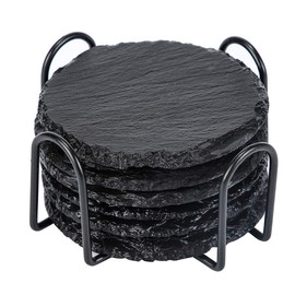 Set of 6 Rustic Round Slate Stone Drinks Coasters with Holder