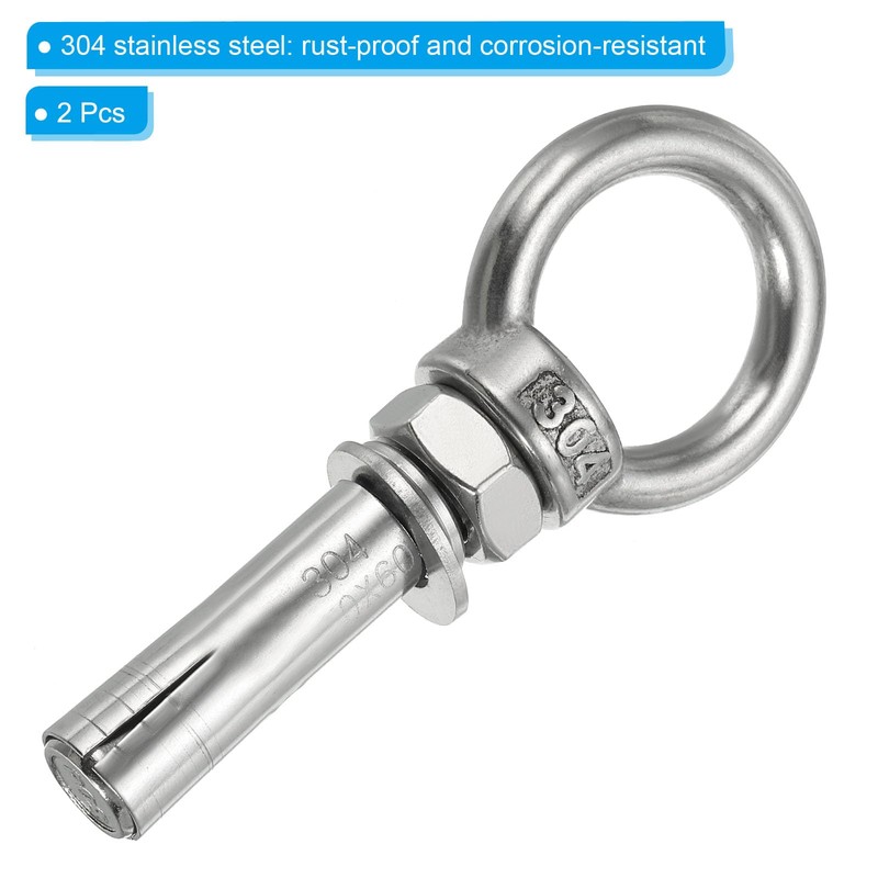 PATIKIL Expansion Eye Bolt M10x60mm, 2 Pack 304 Stainless Steel