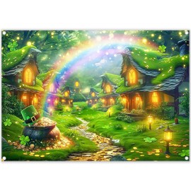 Luminora 7x5ft Fabric St. Patrick's Day Village Backdrop Lucky House Grassland Rainbow Irish Shamrock Gold Coin Photography Background Holiday Party Decorations Photo Props