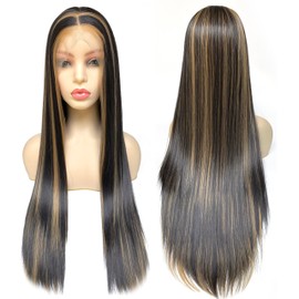 Ms Fenda Dark Brown Highlight Color Long Straight Heat Resistant Wig 13x4 Lace Front Synthetic Wig(24",Dark Brown Highlight)