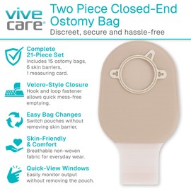 Vive 21 PCS Colostomy Bags - Two Piece Drainable Ostomy Pouch for Colostomy, Ileostomy - Odor Resistant, Skin-Friendly Ostomy Supplies for Stoma Care (Hook & Loop System) (Tan)