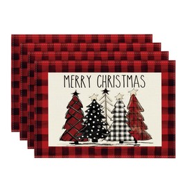 Artoid Mode Red and Black Buffalo Plaid Christmas Trees Placemats Set of 4, 12x18 Inch Winter Table Mats for Outdoor Home Party Kitchen Dining Decor