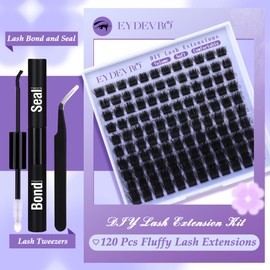 EYDEVRO Fluffy Cluster Lashes Kit D Curl Individual Lashes Thick Volume Lash Extension Kit DIY Eyelash Extension Kit Lashes Individual Cluster Lash Bond and Seal Lash Tweezers (8-16mm, D Curl)