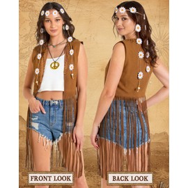 60s 70s Outfits Hippie Clothes for Women Disco Suede Fringe Vest Western Shirts Accessories Woman Cowgirl 1970 Style Decades Day Boho Costume Tops Flower Crowns (M)