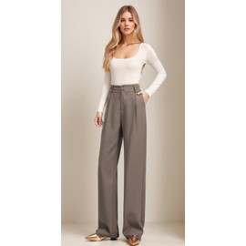 Betusline Womens Business Casual Wide Leg Long Dress Pants High Waisted Straight Office Trousers, 1#Brown, Large