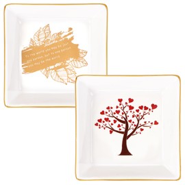 SANFERGE 2 Pieces Jewelry Dish Tray, Ceramic Ring Holder Trinket Dish with decorative pattern, Square/Round Plate for Necklace Bracelet Earrings key, Perfect for Women Birthday Wedding Engagement