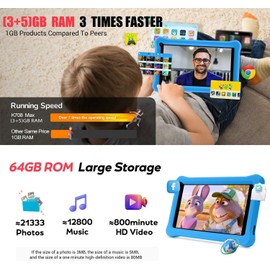 Kids Tablet 7 Inch Android 13 Tablet with GMS Certified, 8 (3+5) GB RAM 64GB ROM (TF Card 128GB), Apps Pre-installed, WiFi Parental Control, Learning Tablet with Kid-Proof Protective Case (Blue)