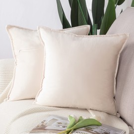 MADIZZ Set of 2 Super Soft Velvet Decorative Throw Pillow Covers 24x24 inch Beige Square with Fringe Luxury Style Cushion Case European Pillow Shell for Sofa Bedroom