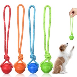 Vaileal 4 x Dog Balls, Dog Balls with Rope, High Bounce Ball Toy for Dogs, Natural Rubber Ball, Dog Toy, Small Solid Rubber Ball, Throwing Ball for Small & Medium & Large Dogs (Four Colours)