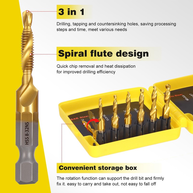 HSEAMALL 13pcs Combination Drill Tap Bit Set, Screw Tapping Threading