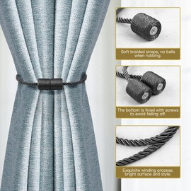 2 Pack Strong Magnetic Curtain Tiebacks with Thicker Twist Rope Decorative Tie Backs Holdbacks for Drapes Window Curtain, Black