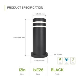 ASD 12 Inch Round Bollard Light Fixture | 60W E26 Socket 120V | Dimmable, Waterproof, LED/CFL/Incandescent Bulbs Compatible, ETL Listed | Outdoor Floor Lantern, Landscape Post Lighting | Black