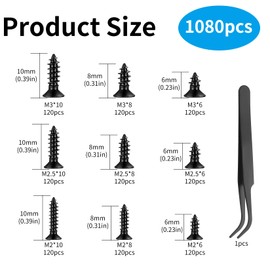 1080 Pieces Small Self-Tapping Screws, M2/M2.5/M3 Wood Screws, 6 mm/8 mm/10 mm Flat Head Cross Head Tapping Screws Set for Office Equipment, Wooden Furniture. (Black)