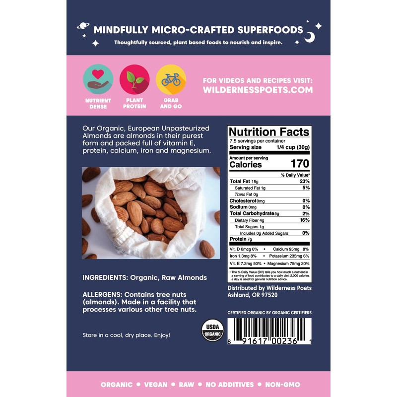 Wilderness Poets Unpasteurized Almonds, Raw Organic Nuts (8 Ounce -