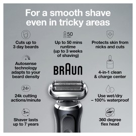 Braun Electric Razor for Men, Waterproof Foil Shaver, Series 7 7075cc, Wet & Dry Shave, With Beard Trimmer, Rechargeable, Clean & Charge SmartCare Center and Travel Case Included, Black"