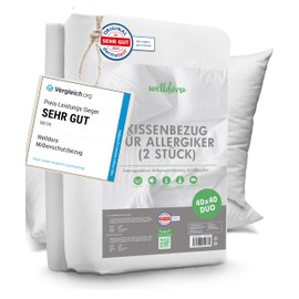 Welldora Set of 2 premium mite cover pillows, 40 x 40 cm, allergy sufferers cushion cover, expertly tested, premium encasing with zip, allergy sufferers bed linen